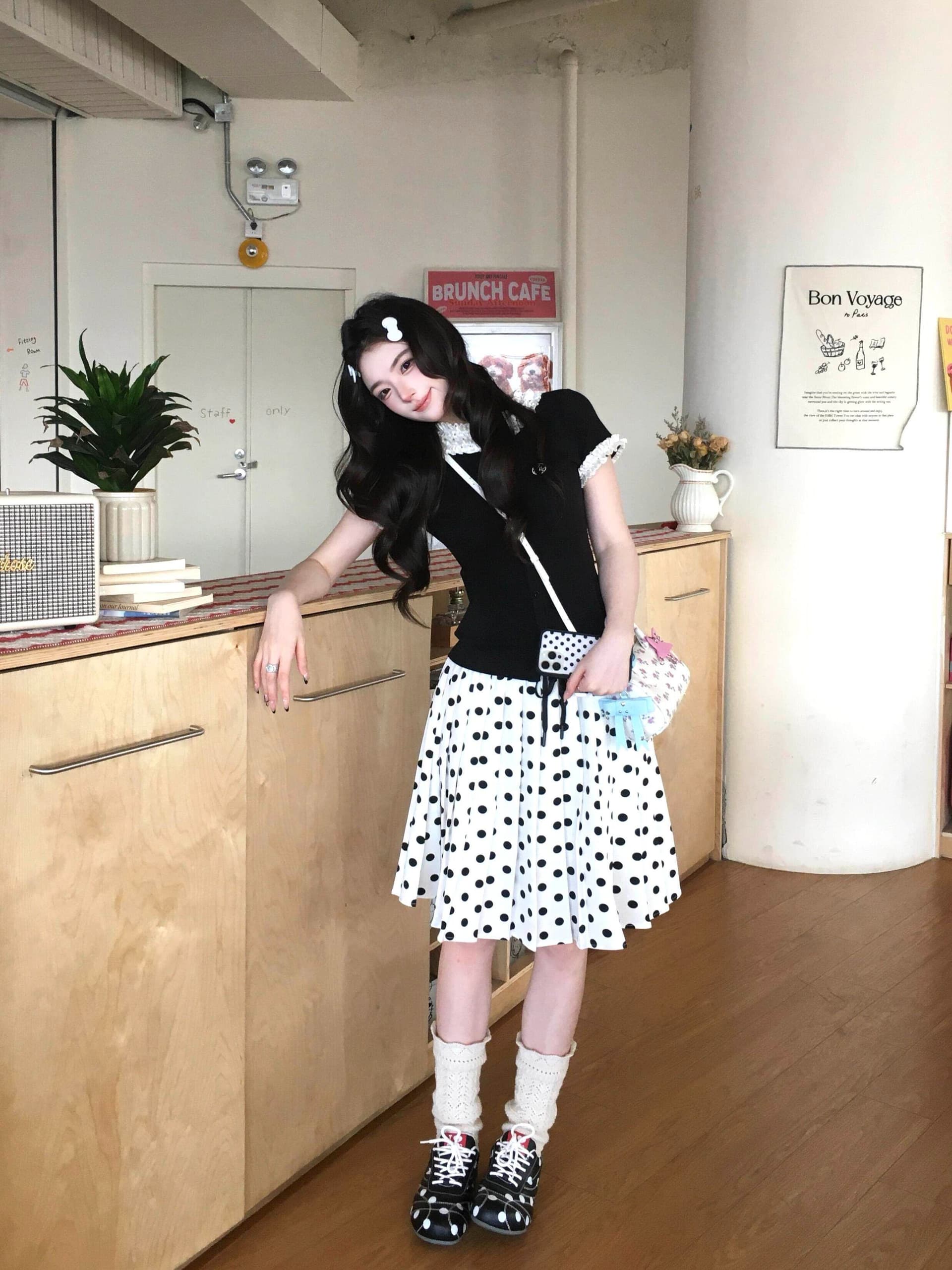 여름 프랑스식 레트로 학원 스타일 착용 가져 가라. 디자인 센스 레이스 소매 반팔 티셔츠 도트 무늬 품격 반신 치마 세트 상세 이미지 6