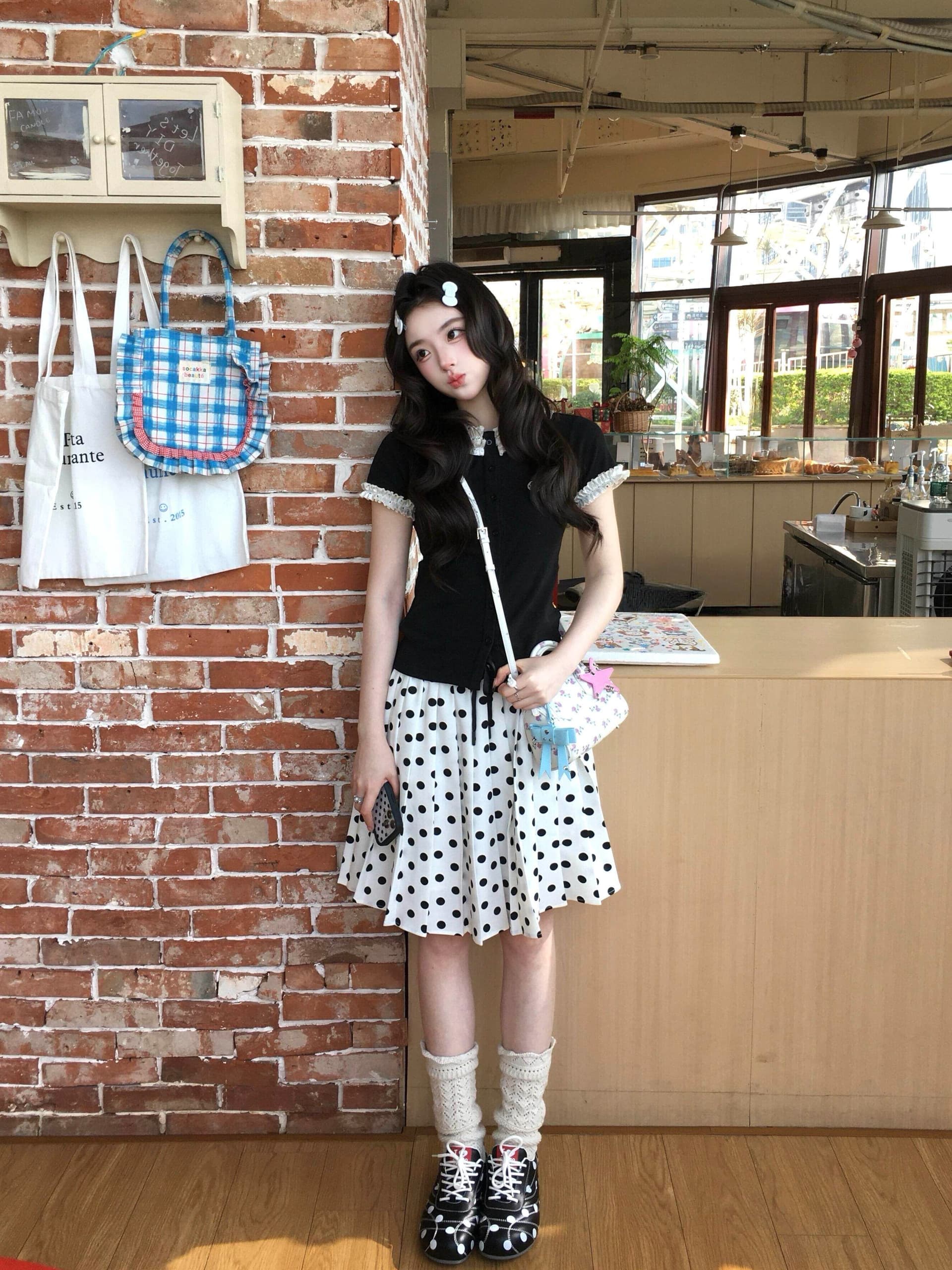 여름 프랑스식 레트로 학원 스타일 착용 가져 가라. 디자인 센스 레이스 소매 반팔 티셔츠 도트 무늬 품격 반신 치마 세트 상세 이미지 7