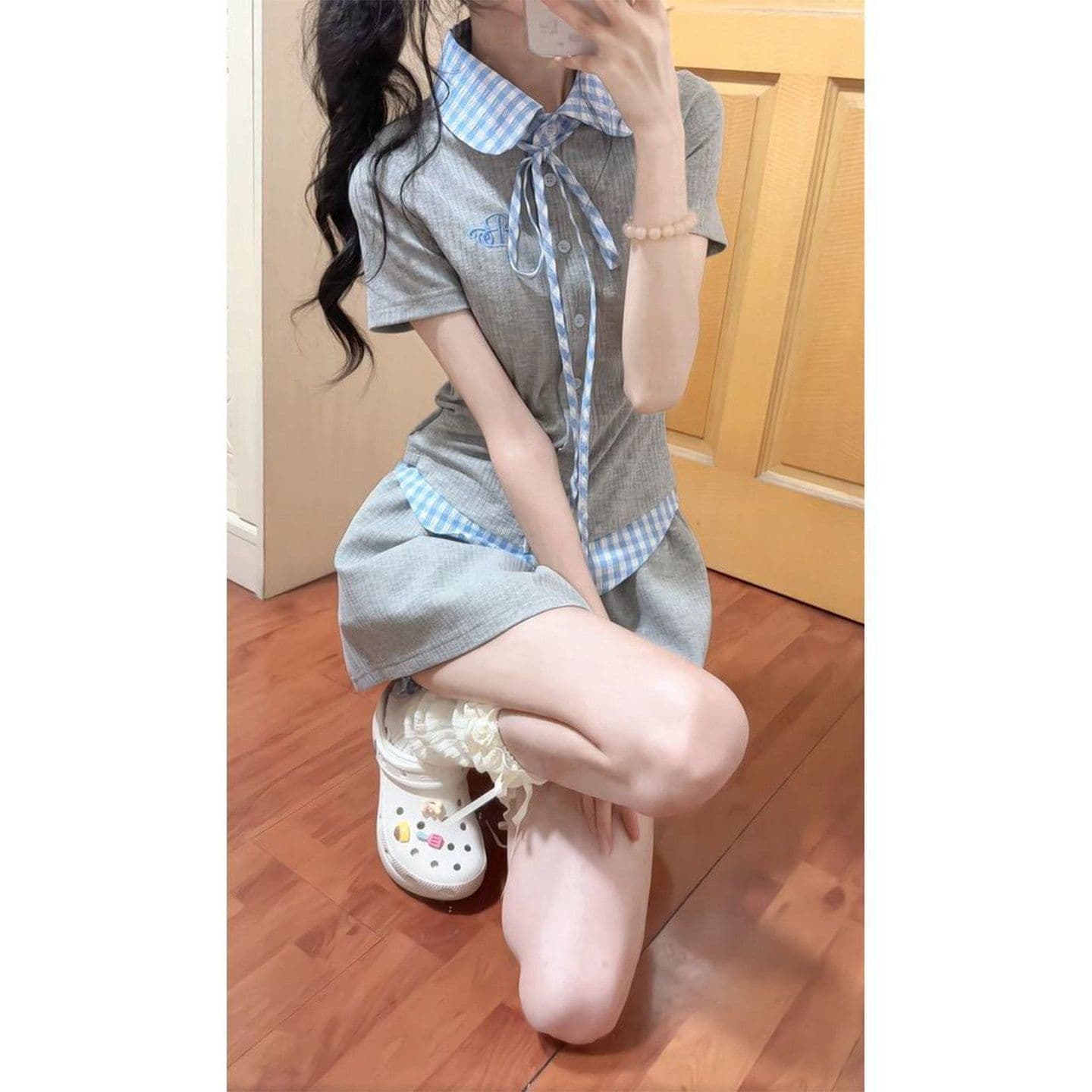 한 부서 chic 학원 스타일 세트 여성 여름 자이언트 잘 생긴 작은 키 관대 한 점잖은 여름 ootd 착용 가져 가라. 전체 집합 상세 이미지 4