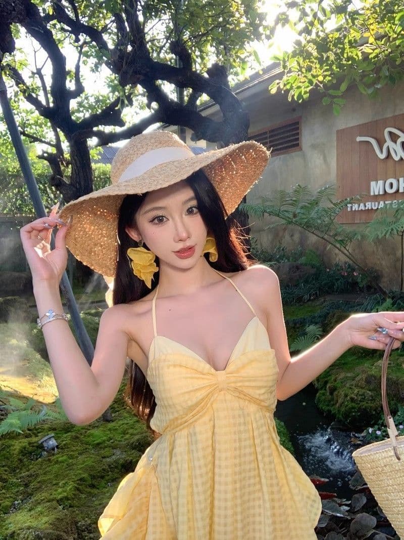 도파민 딩 Da 서울 치마 밝은 노란색 색상 체크무늬 휴가 바람 백리스 인어 꼬리 여성 드레스 여름 해변 행침 목 롱 스커트 상세 이미지 5
