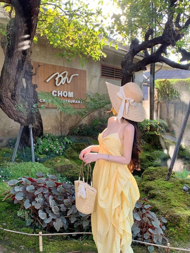 도파민 딩 Da 서울 치마 밝은 노란색 색상 체크무늬 휴가 바람 백리스 인어 꼬리 여성 드레스 여름 해변 행침 목 롱 스커트 상세 이미지 6