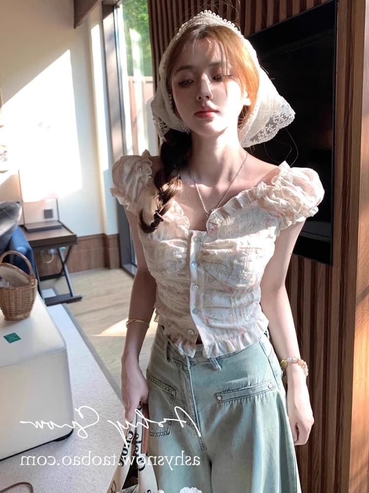프랑스식 고급 센스 달콤한 매운맛 작은 꽃무늬 ins 맨위 여성 짧은 오프숄더 짧은 작은 셔츠 디자인 센스 여름 반팔 이미지 2