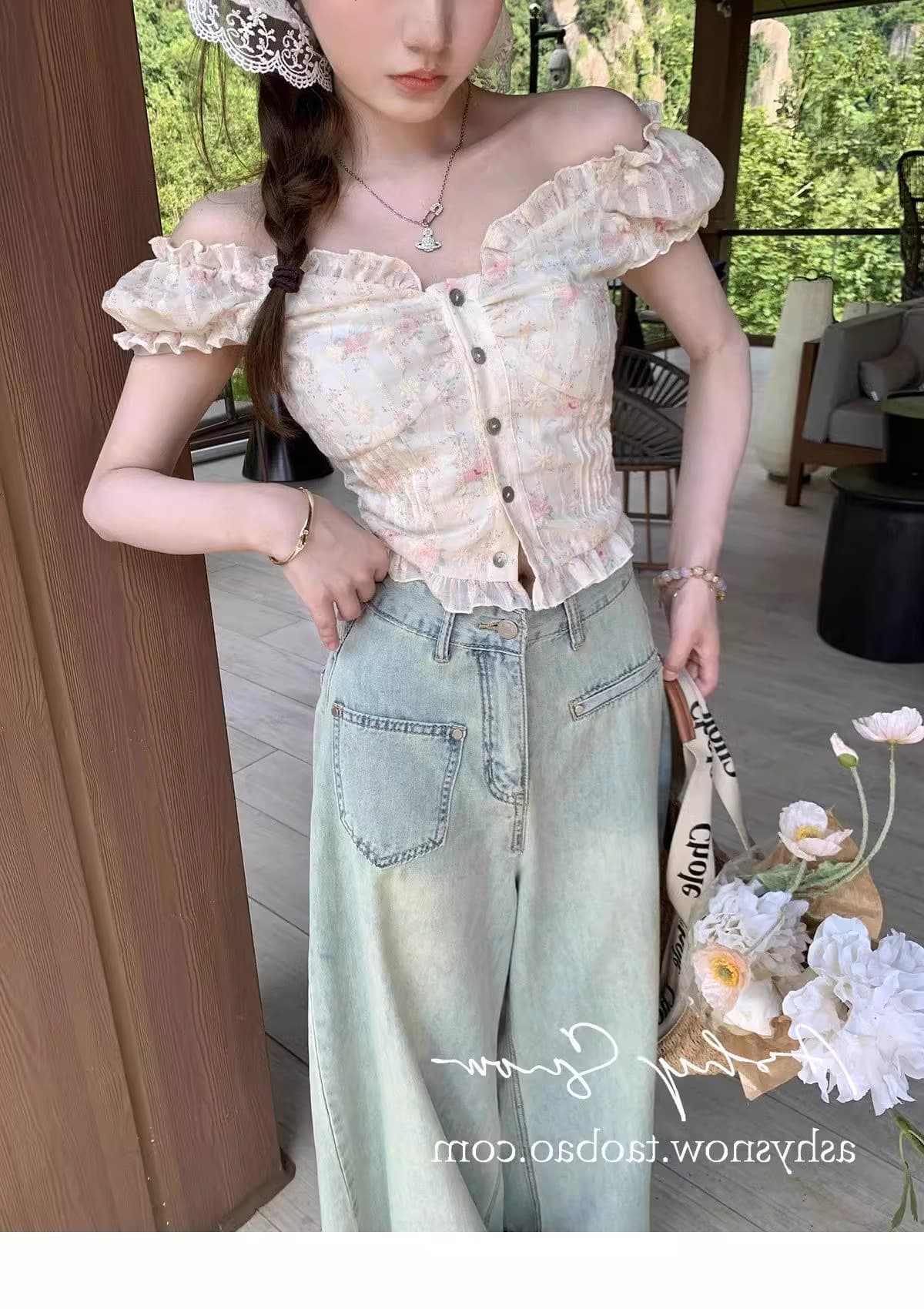 프랑스식 고급 센스 달콤한 매운맛 작은 꽃무늬 ins 맨위 여성 짧은 오프숄더 짧은 작은 셔츠 디자인 센스 여름 반팔 상세 이미지 6