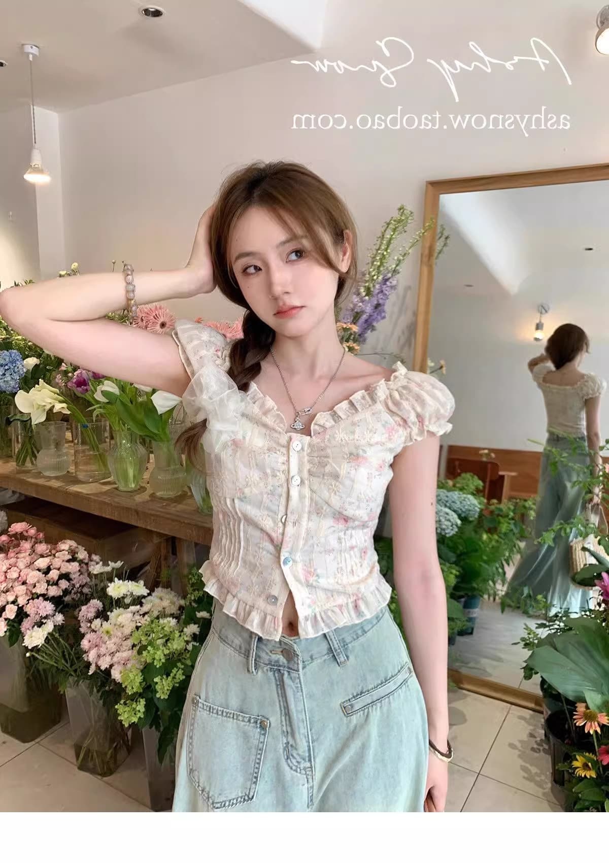 프랑스식 고급 센스 달콤한 매운맛 작은 꽃무늬 ins 맨위 여성 짧은 오프숄더 짧은 작은 셔츠 디자인 센스 여름 반팔 상세 이미지 16