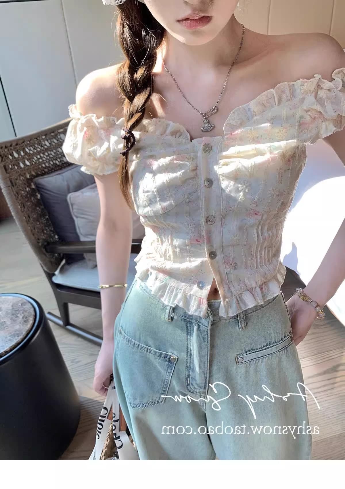 프랑스식 고급 센스 달콤한 매운맛 작은 꽃무늬 ins 맨위 여성 짧은 오프숄더 짧은 작은 셔츠 디자인 센스 여름 반팔 상세 이미지 22