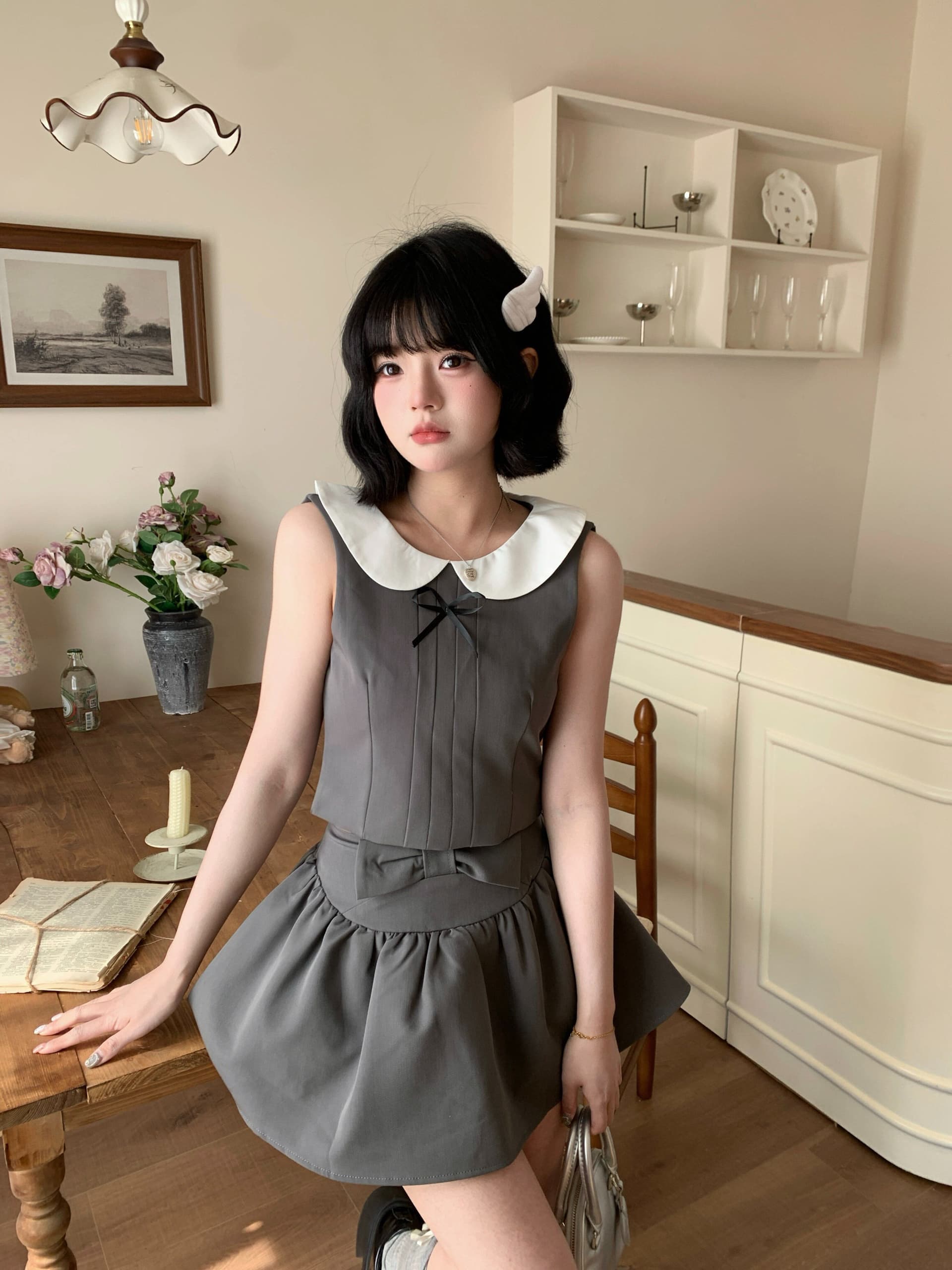 한 부서 천 골드 센스 착용 가져 가라. 전체 집합 자이언트 잘 생긴 달콤함 베이비 칼라 조끼 맨위 나비 매듭 반 스커트 투피스 세트 상세 이미지 2