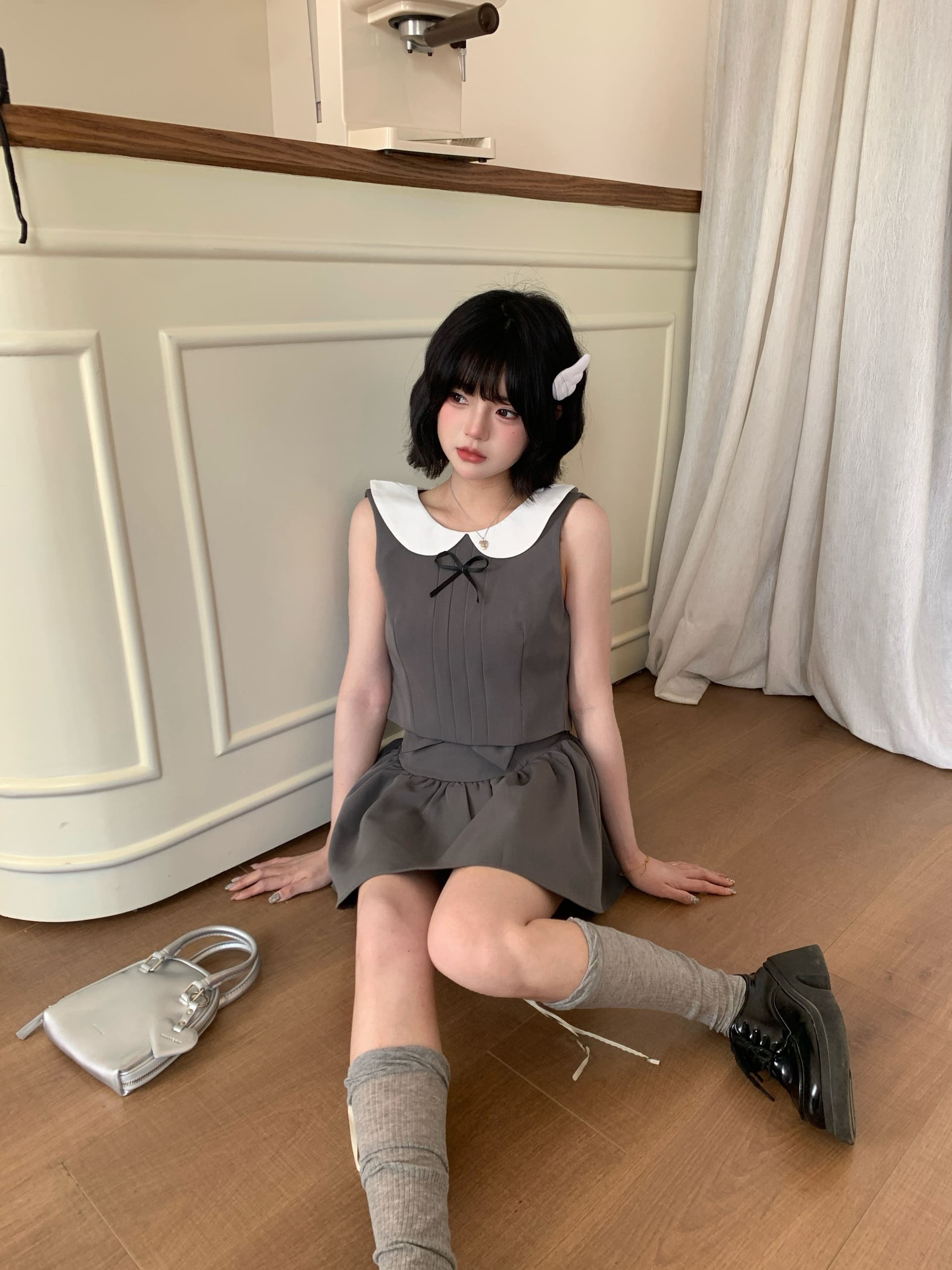 한 부서 천 골드 센스 착용 가져 가라. 전체 집합 자이언트 잘 생긴 달콤함 베이비 칼라 조끼 맨위 나비 매듭 반 스커트 투피스 세트 상세 이미지 3