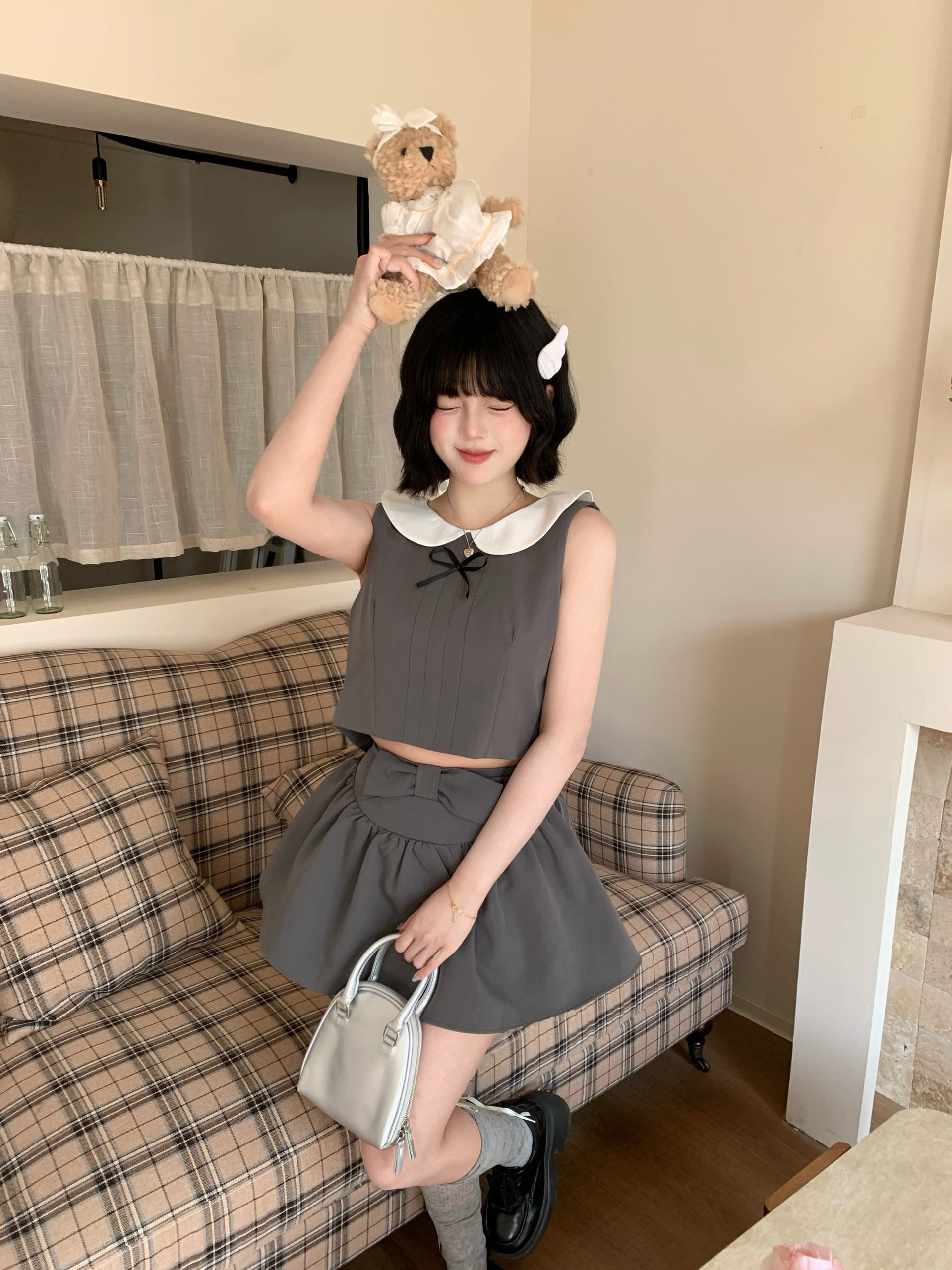 한 부서 천 골드 센스 착용 가져 가라. 전체 집합 자이언트 잘 생긴 달콤함 베이비 칼라 조끼 맨위 나비 매듭 반 스커트 투피스 세트 상세 이미지 4