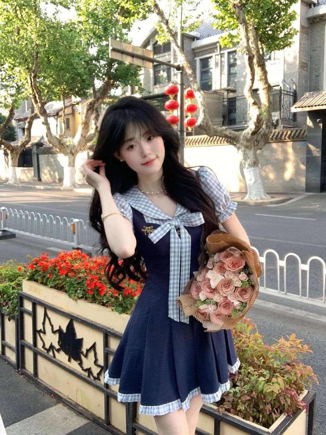 여름 새로운 한 부서 학원 스타일 패션 연령 감소 디자인 나비 매듭 페이크 레이어드 드레스 여자 학생 A라인 스커트 상세 이미지 9