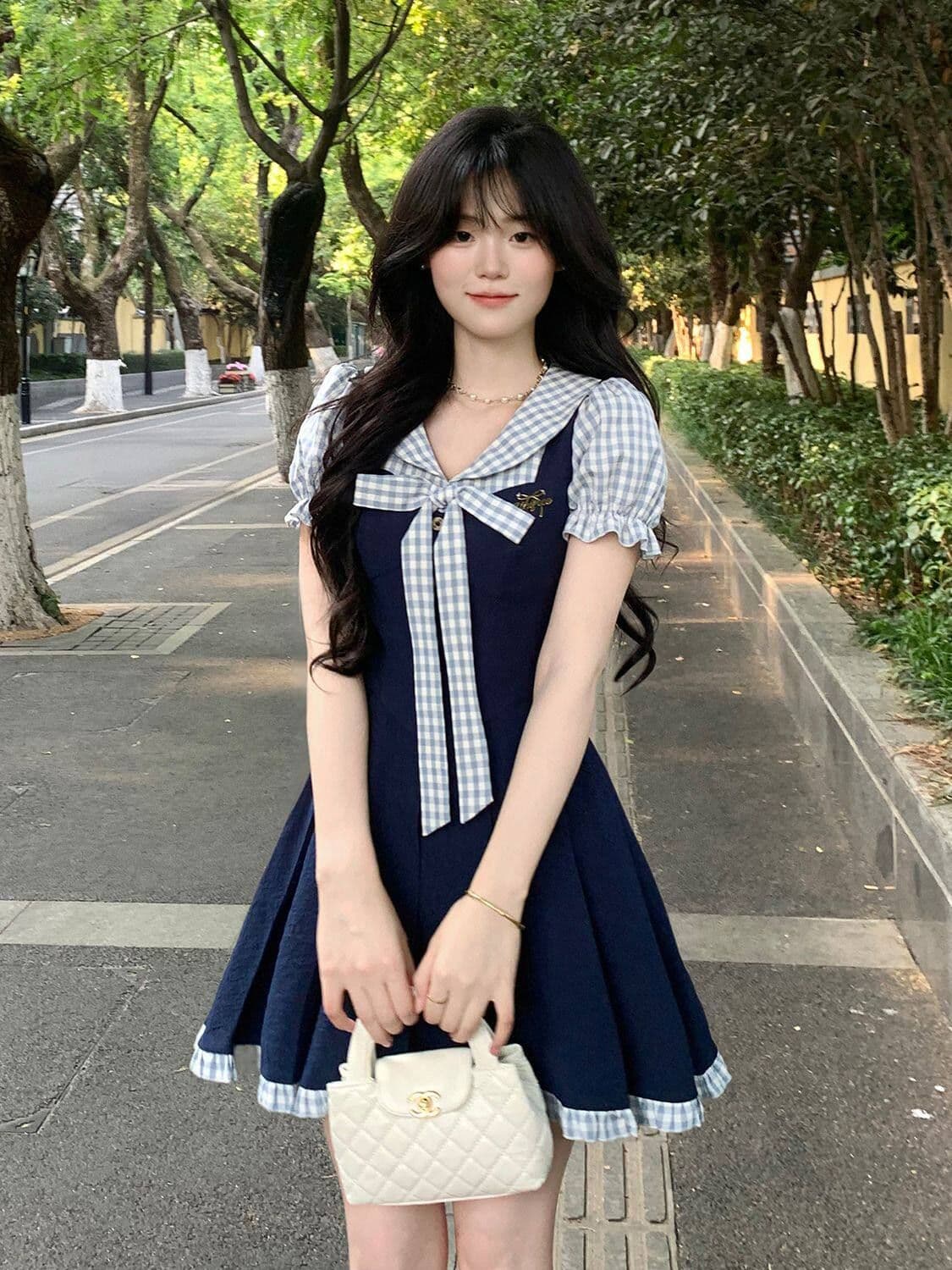 여름 새로운 한 부서 학원 스타일 패션 연령 감소 디자인 나비 매듭 페이크 레이어드 드레스 여자 학생 A라인 스커트 상세 이미지 10