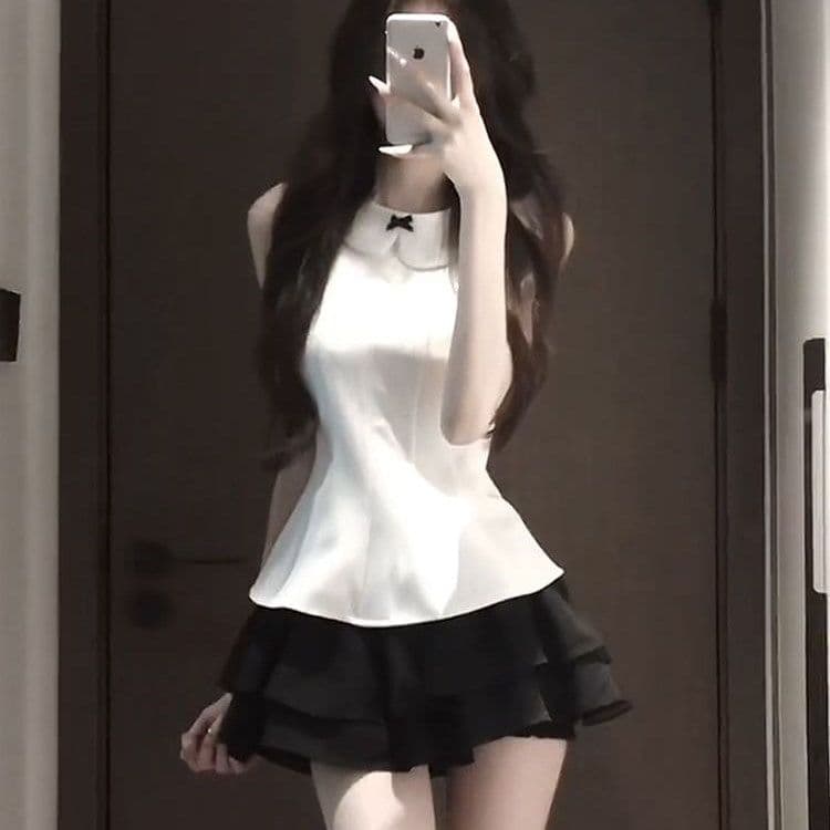 miu 부서 ootd 전체 집합 나비 매듭 민소매 맨위 검정색 반 스커트 여성 여름 고유 한 아름다운 착용 가져 가라. 세트