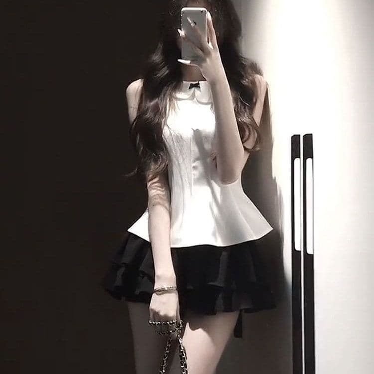 miu 부서 ootd 전체 집합 나비 매듭 민소매 맨위 검정색 반 스커트 여성 여름 고유 한 아름다운 착용 가져 가라. 세트 이미지 4