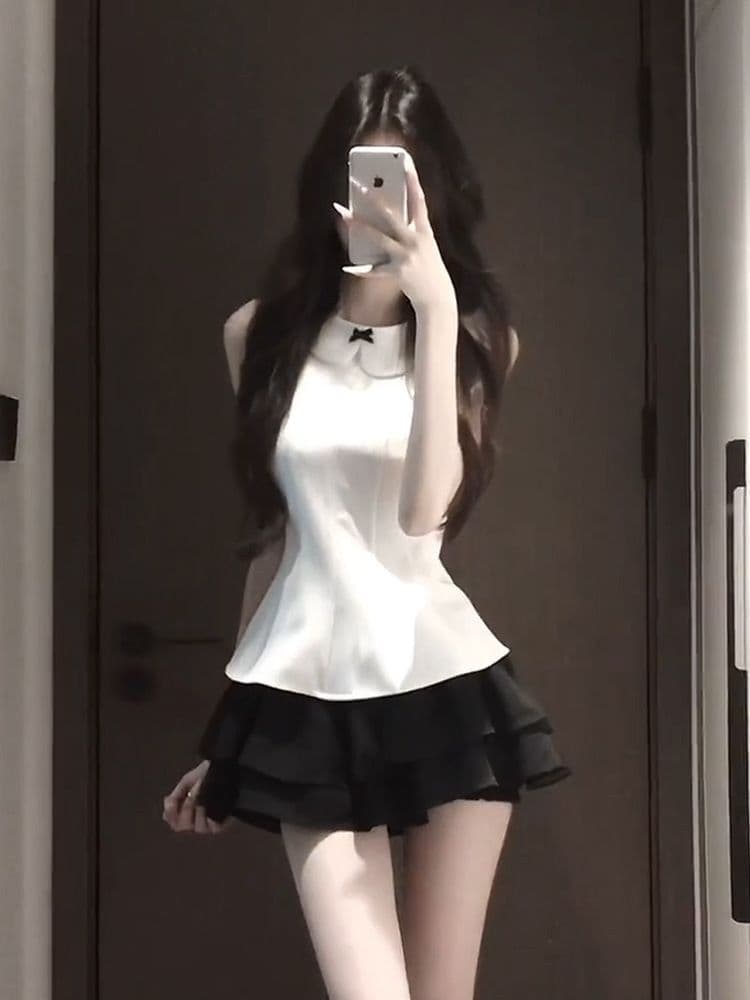 miu 부서 ootd 전체 집합 나비 매듭 민소매 맨위 검정색 반 스커트 여성 여름 고유 한 아름다운 착용 가져 가라. 세트 상세 이미지 2
