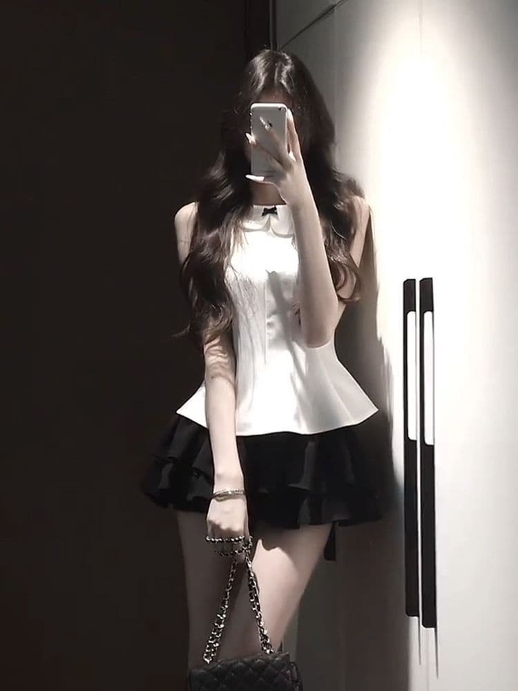 miu 부서 ootd 전체 집합 나비 매듭 민소매 맨위 검정색 반 스커트 여성 여름 고유 한 아름다운 착용 가져 가라. 세트 상세 이미지 6