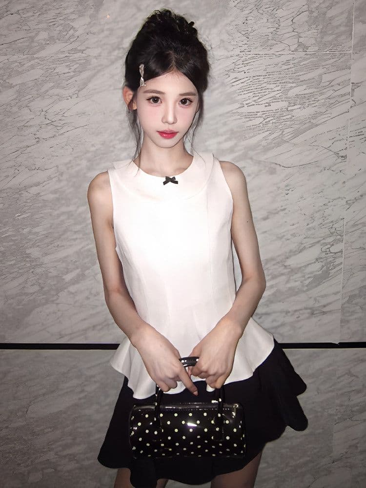 miu 부서 ootd 전체 집합 나비 매듭 민소매 맨위 검정색 반 스커트 여성 여름 고유 한 아름다운 착용 가져 가라. 세트 상세 이미지 4