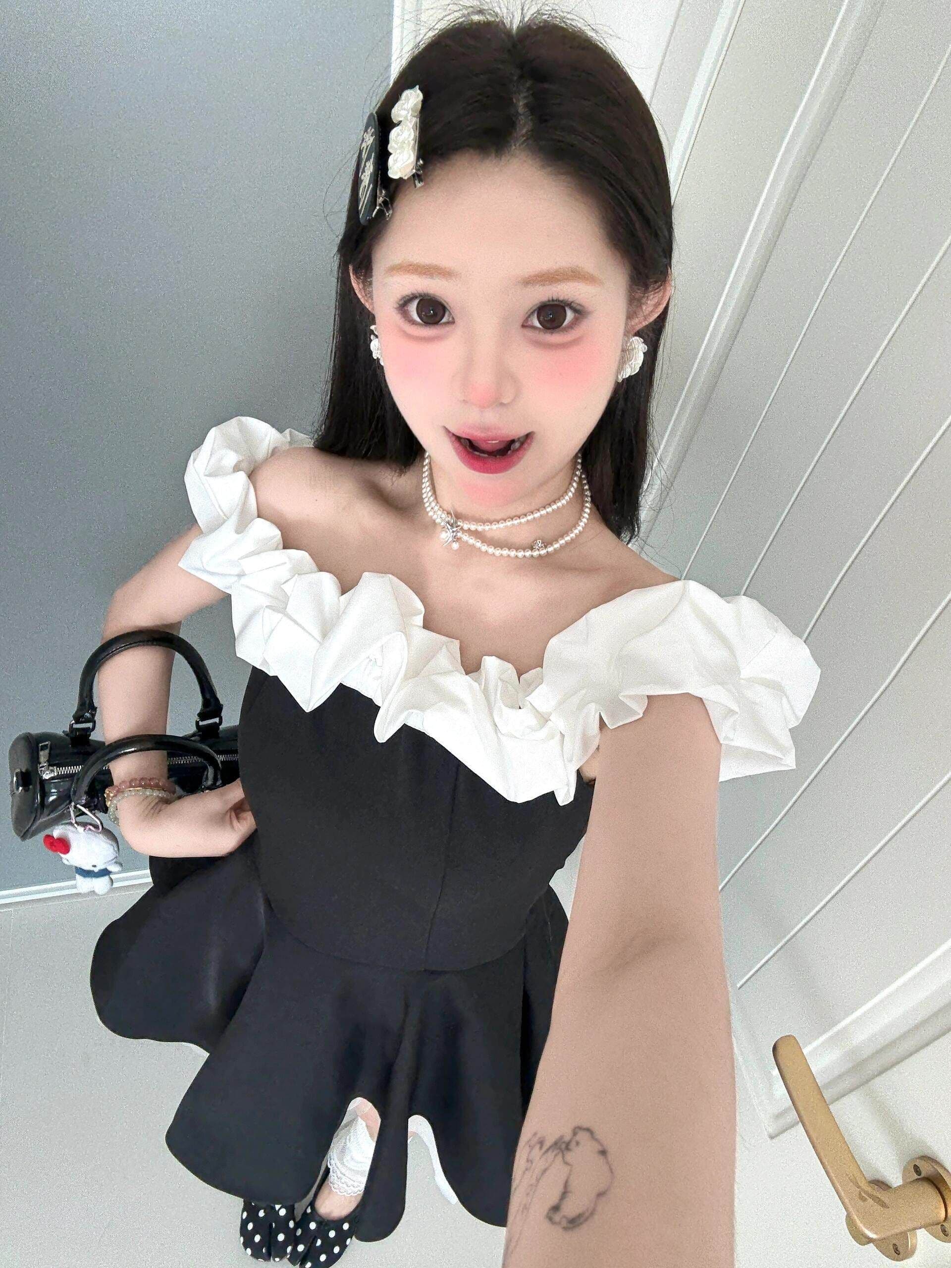 프랑스식 그는 벤 바람 오프숄더 여성 드레스 작은 키 배색 패치워크 허리 수축 발레 바람 퍼프 미니 스커트 여름 상세 이미지 2