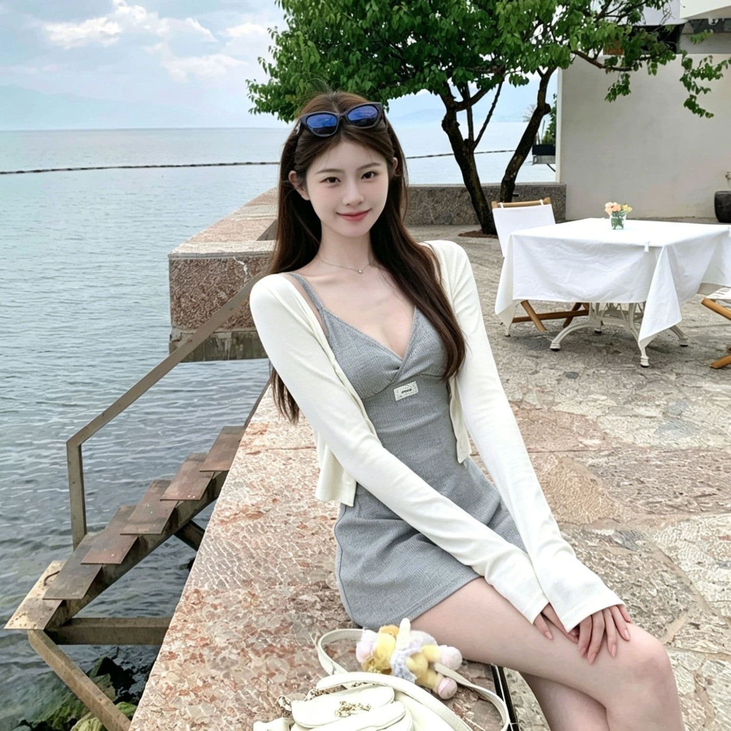 한 부서 miu 부서 아름다움 세트 그룹 V넥 캐미솔 레이스 여성 드레스 여름 감기 바람 구덩이 기사 맨위 이미지 2