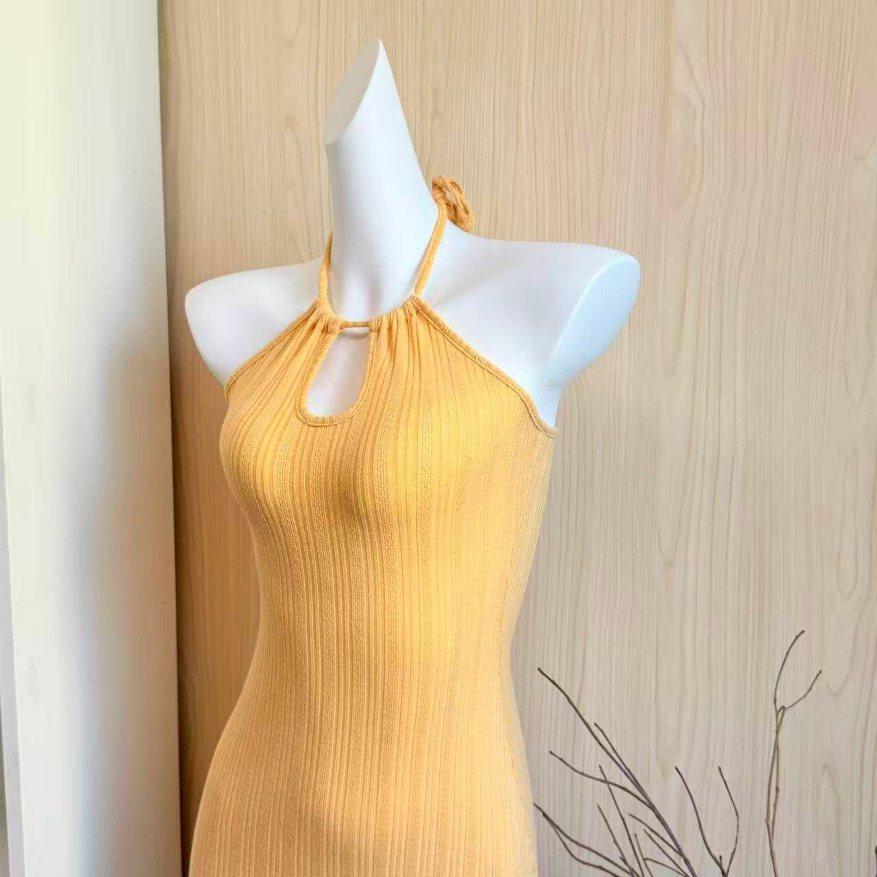한 부서 chic 황색 행침 목 홀로우 아웃 여성 드레스 여름 순수한 욕망 핫걸 작은 대중 허리 수축 몸매 가꾸기 타이트 스커트 미니 스커트 상세 이미지 3