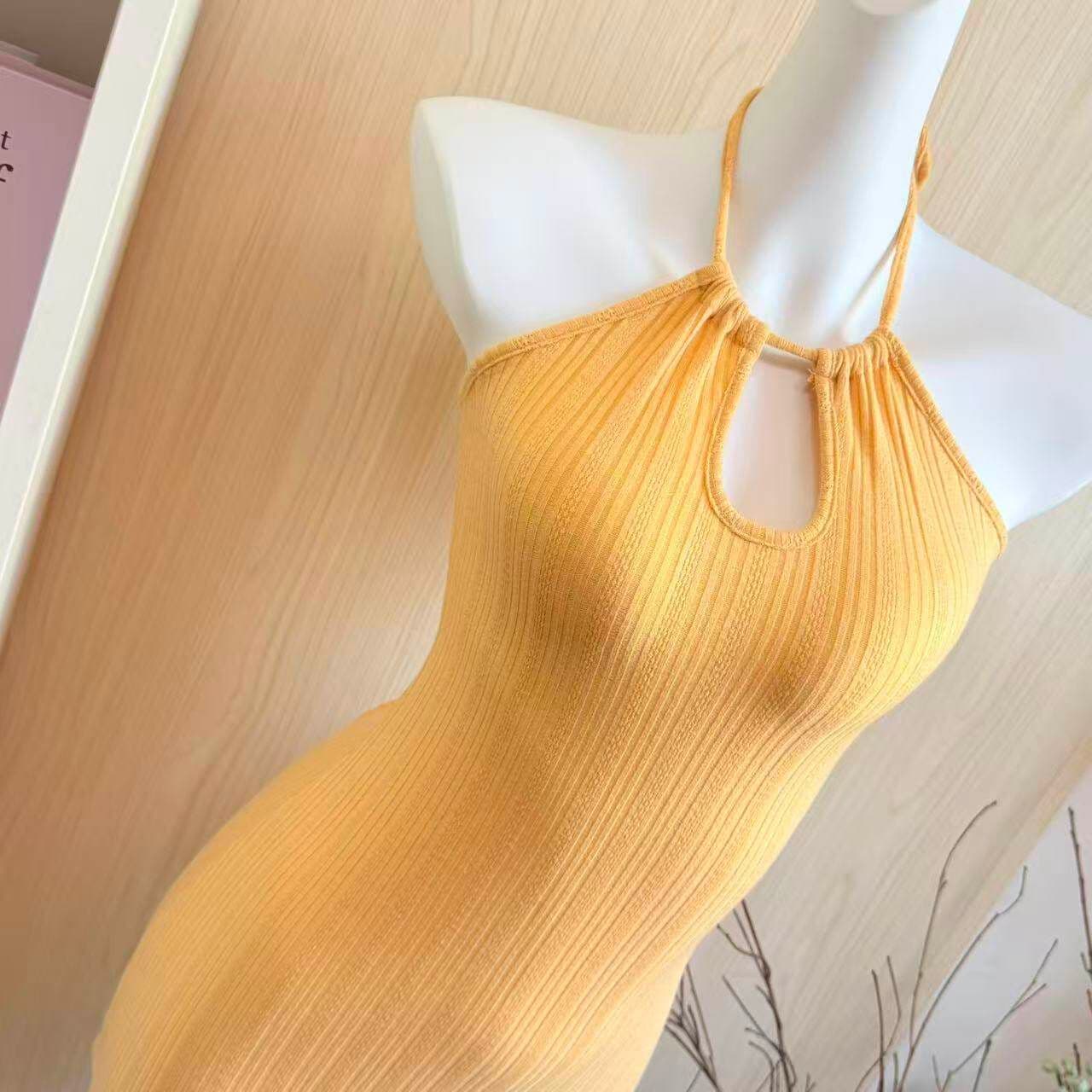 한 부서 chic 황색 행침 목 홀로우 아웃 여성 드레스 여름 순수한 욕망 핫걸 작은 대중 허리 수축 몸매 가꾸기 타이트 스커트 미니 스커트 상세 이미지 5