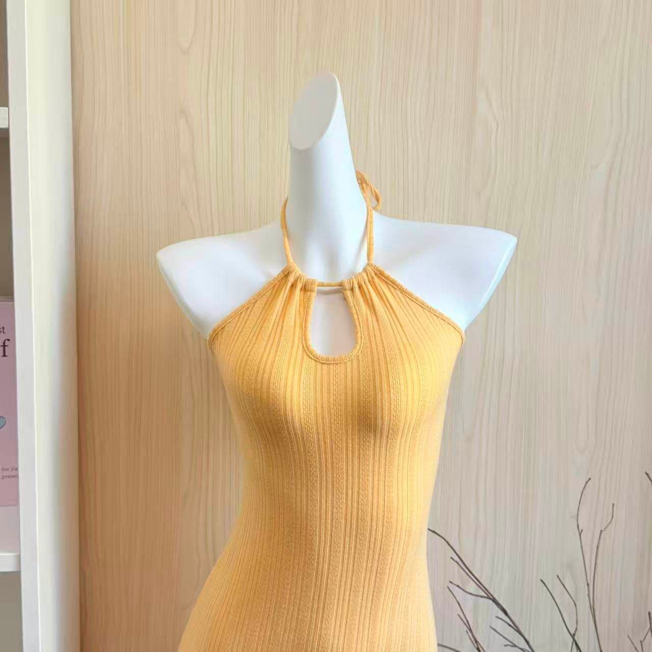 한 부서 chic 황색 행침 목 홀로우 아웃 여성 드레스 여름 순수한 욕망 핫걸 작은 대중 허리 수축 몸매 가꾸기 타이트 스커트 미니 스커트 상세 이미지 6