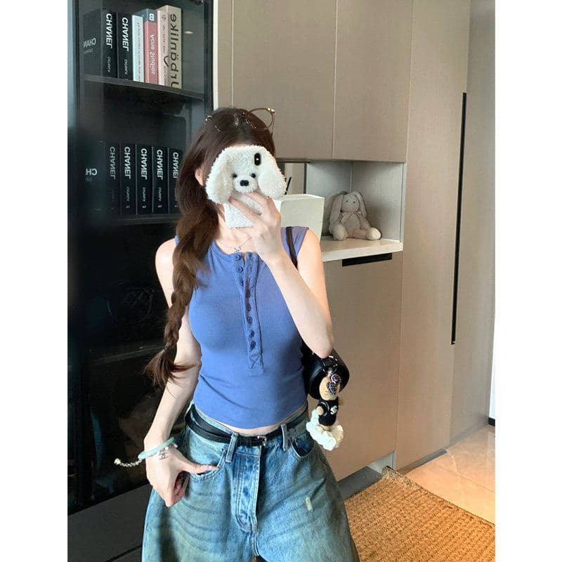 260 그램 사람들 면 순수한 욕망 핫걸 작은 대중 여름 헨리 칼라 단어 허리 수축 단추 조끼 맨위 민소매 작은 셔츠 이미지 3