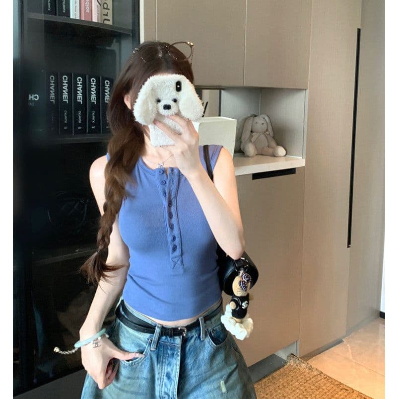 260 그램 사람들 면 순수한 욕망 핫걸 작은 대중 여름 헨리 칼라 단어 허리 수축 단추 조끼 맨위 민소매 작은 셔츠 이미지 4