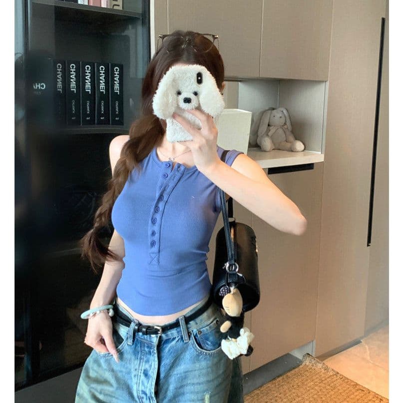 260 그램 사람들 면 순수한 욕망 핫걸 작은 대중 여름 헨리 칼라 단어 허리 수축 단추 조끼 맨위 민소매 작은 셔츠 이미지 5