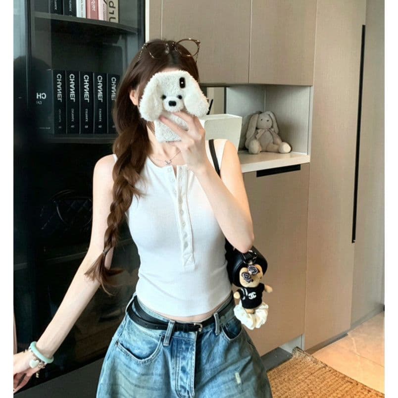 260 그램 사람들 면 순수한 욕망 핫걸 작은 대중 여름 헨리 칼라 단어 허리 수축 단추 조끼 맨위 민소매 작은 셔츠 상세 이미지 3