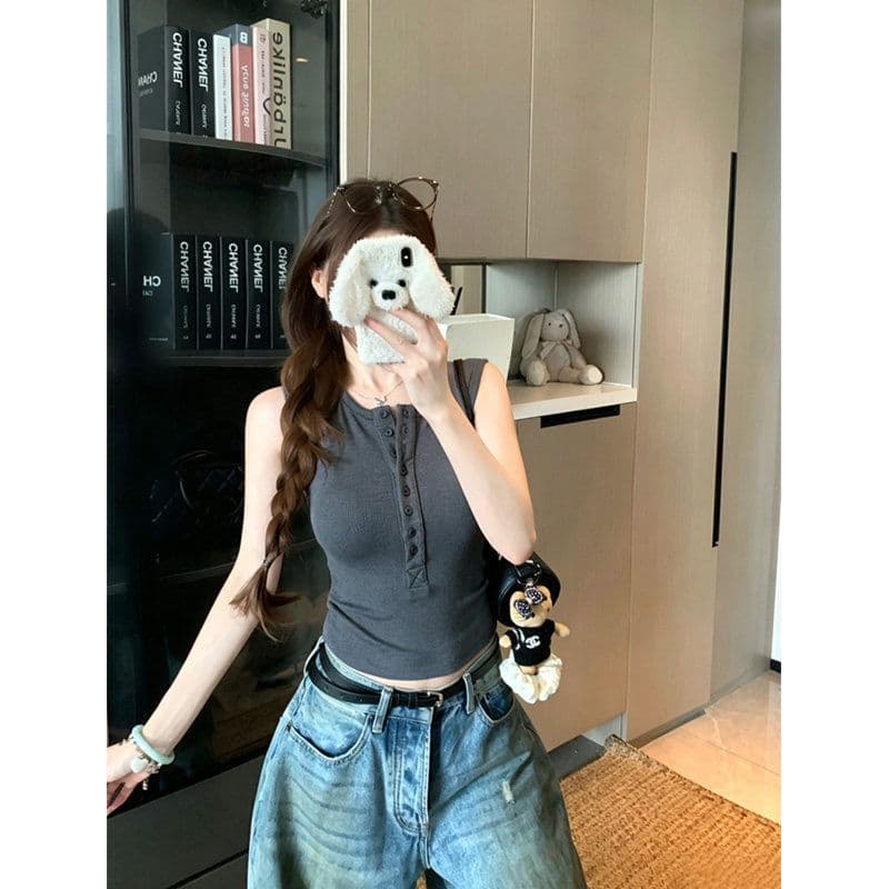 260 그램 사람들 면 순수한 욕망 핫걸 작은 대중 여름 헨리 칼라 단어 허리 수축 단추 조끼 맨위 민소매 작은 셔츠 상세 이미지 5