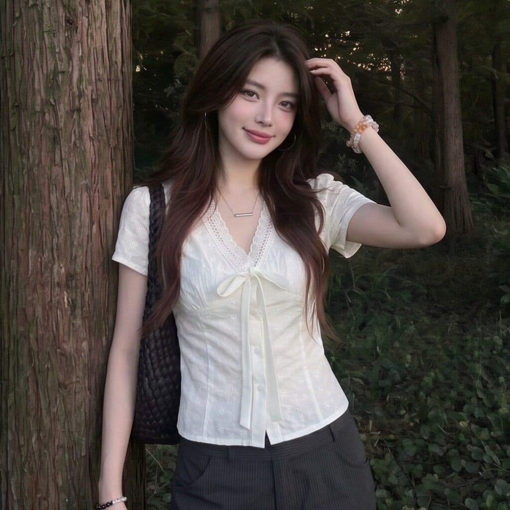 한 부서 순면 자카드 새로운 2026 신선함 순수한 욕망 레이스업 허리 수축 쇼트 스타일 홀로우 아웃 자수 슬림해 보이는 반팔 셔츠 이미지 5