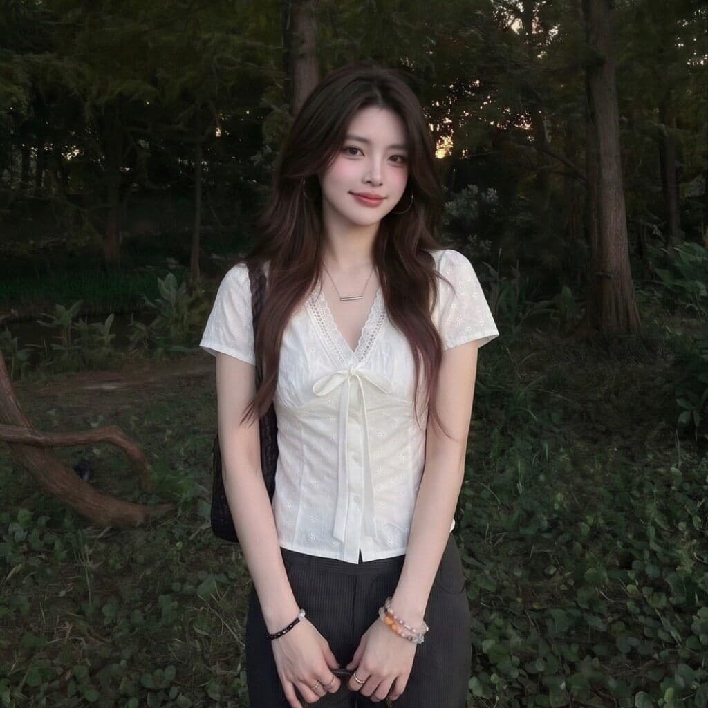 한 부서 순면 자카드 새로운 2026 신선함 순수한 욕망 레이스업 허리 수축 쇼트 스타일 홀로우 아웃 자수 슬림해 보이는 반팔 셔츠 이미지 4