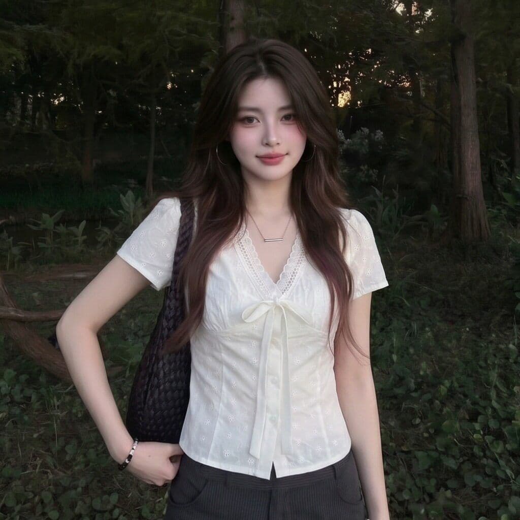 한 부서 순면 자카드 새로운 2026 신선함 순수한 욕망 레이스업 허리 수축 쇼트 스타일 홀로우 아웃 자수 슬림해 보이는 반팔 셔츠 상세 이미지 6