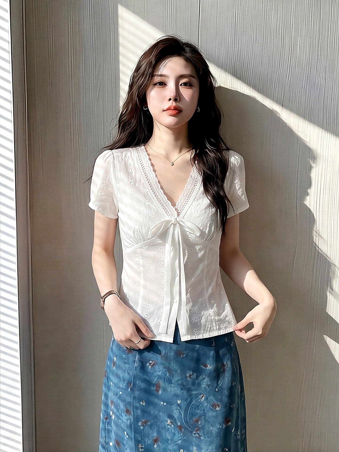 순면 자카드 2026 새로운 한 부서 부드러운 바람 홀로우 아웃 레이스 V넥 작은 셔츠 레이스업 허리 수축 쇼트 스타일 화이트 상세 이미지 8