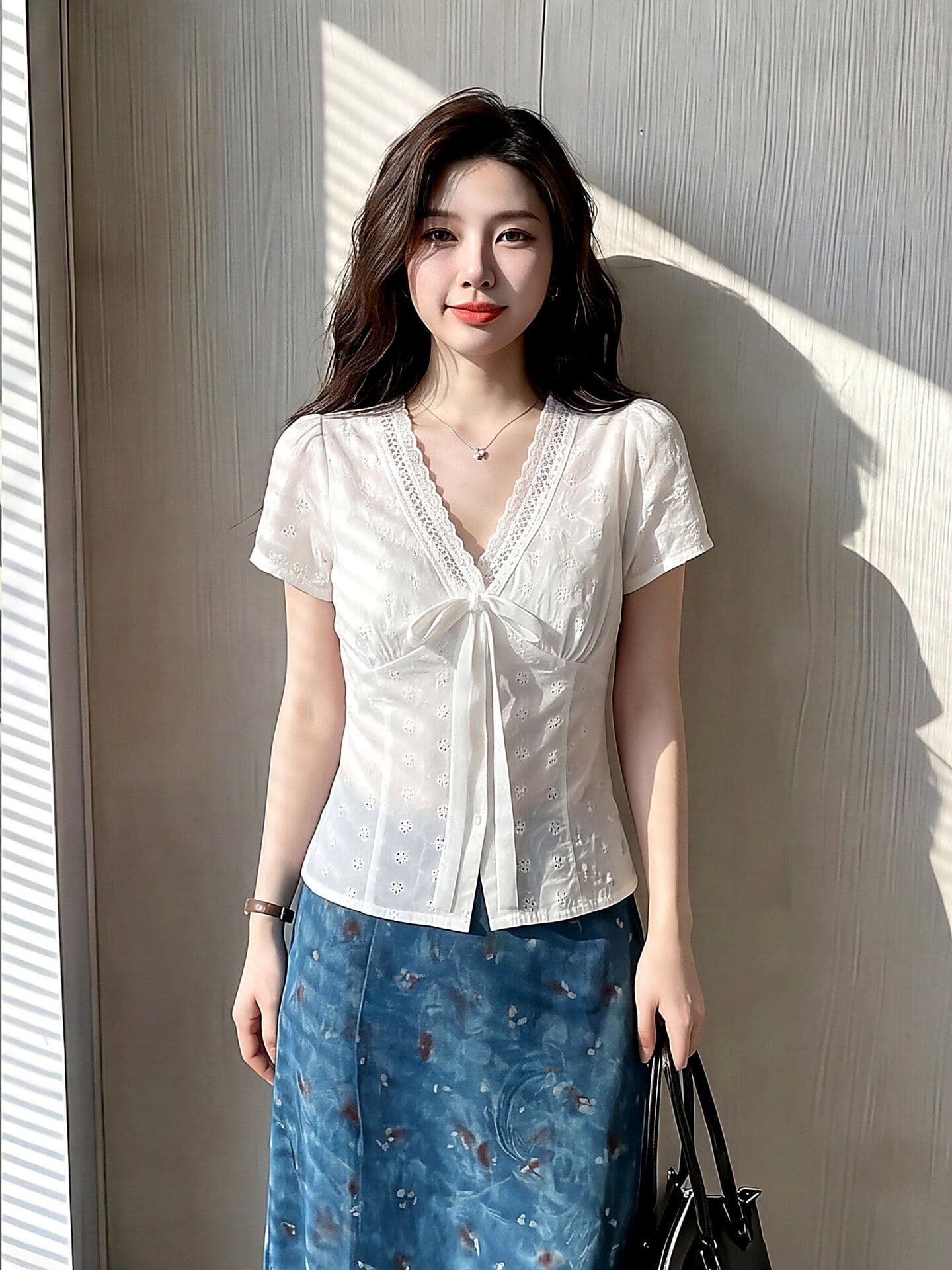 순면 자카드 2026 새로운 한 부서 부드러운 바람 홀로우 아웃 레이스 V넥 작은 셔츠 레이스업 허리 수축 쇼트 스타일 화이트 상세 이미지 10