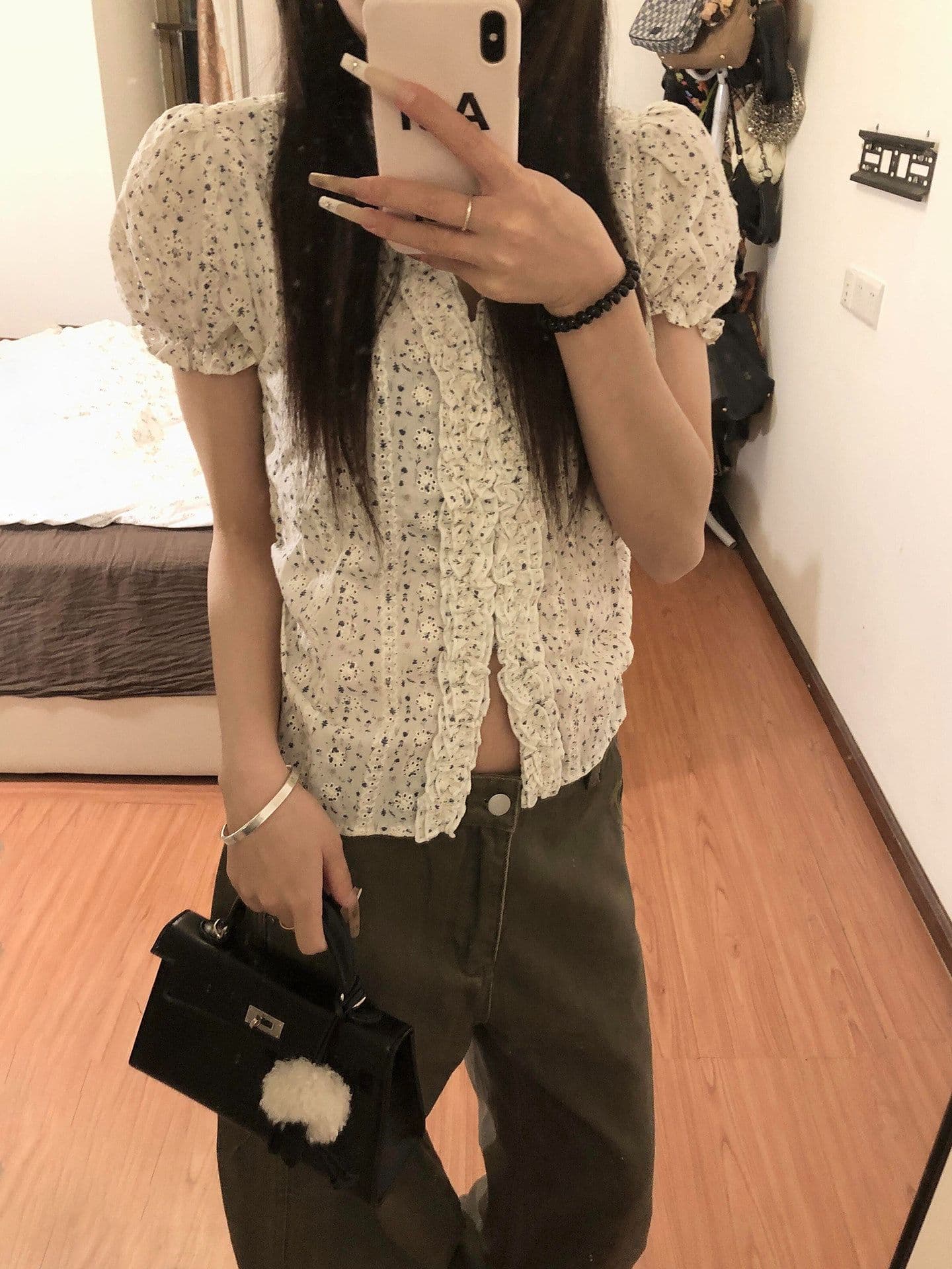 자카드 자수 원단 2026 새로운 프랑스식 레트로 꽃무늬 프릴 셔츠 여성 여름 거품 소매 몸매 가꾸기 맨위 상세 이미지 5