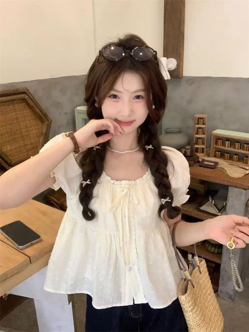 원본 자카드 한 부서 프랑스식 광장 칼라 반팔 여성 셔츠 여름 거품 소매 셔츠 작은 셔츠 일본식 맨위 서비스