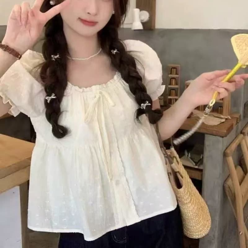 원본 자카드 한 부서 프랑스식 광장 칼라 반팔 여성 셔츠 여름 거품 소매 셔츠 작은 셔츠 일본식 맨위 서비스 이미지 5
