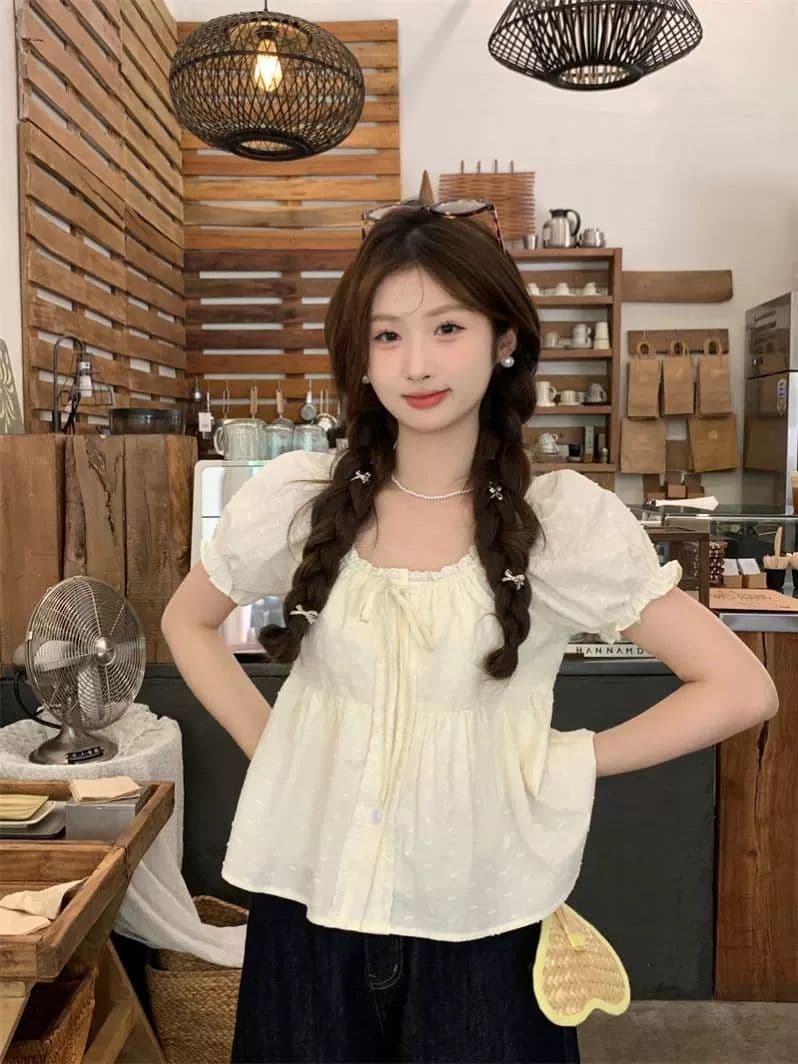 원본 자카드 한 부서 프랑스식 광장 칼라 반팔 여성 셔츠 여름 거품 소매 셔츠 작은 셔츠 일본식 맨위 서비스 상세 이미지 1