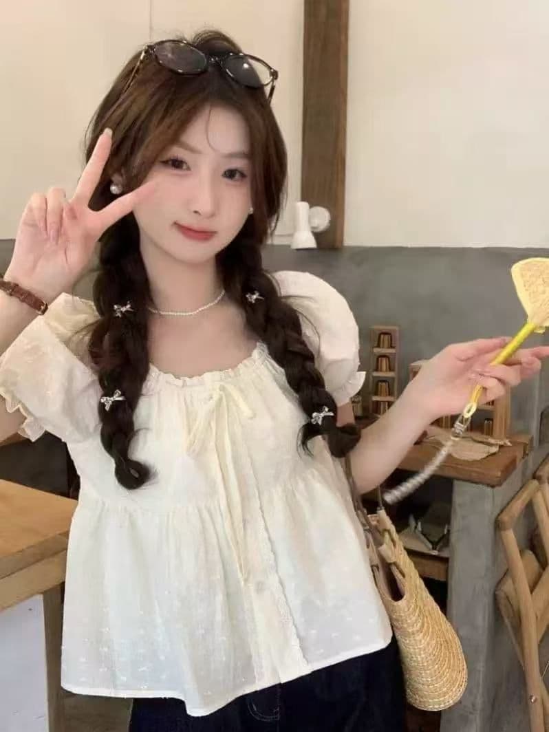 원본 자카드 한 부서 프랑스식 광장 칼라 반팔 여성 셔츠 여름 거품 소매 셔츠 작은 셔츠 일본식 맨위 서비스 상세 이미지 2