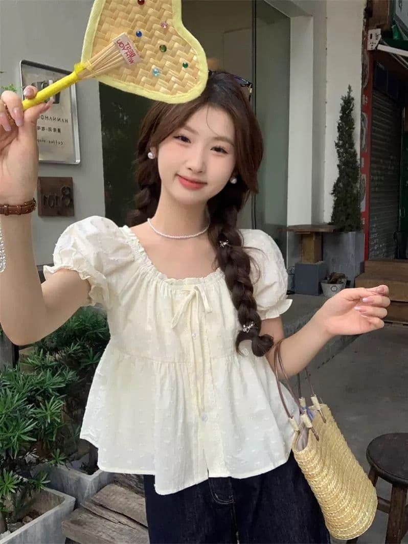 원본 자카드 한 부서 프랑스식 광장 칼라 반팔 여성 셔츠 여름 거품 소매 셔츠 작은 셔츠 일본식 맨위 서비스 상세 이미지 3