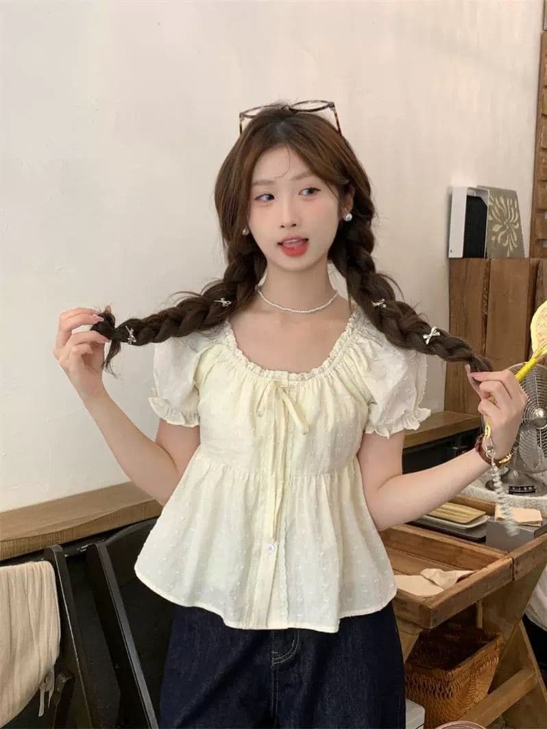 원본 자카드 한 부서 프랑스식 광장 칼라 반팔 여성 셔츠 여름 거품 소매 셔츠 작은 셔츠 일본식 맨위 서비스 상세 이미지 5