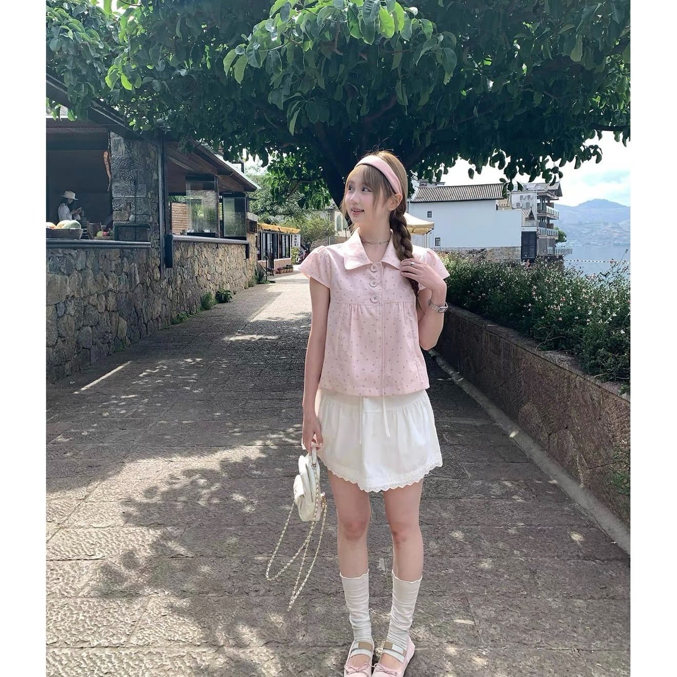 한 부서 chic 달콤함 소녀 바람 핑크색 베이비 칼라 도트 무늬 반팔 여성 셔츠 여름 새로운 슬림해 보이는 맨위 이미지 5