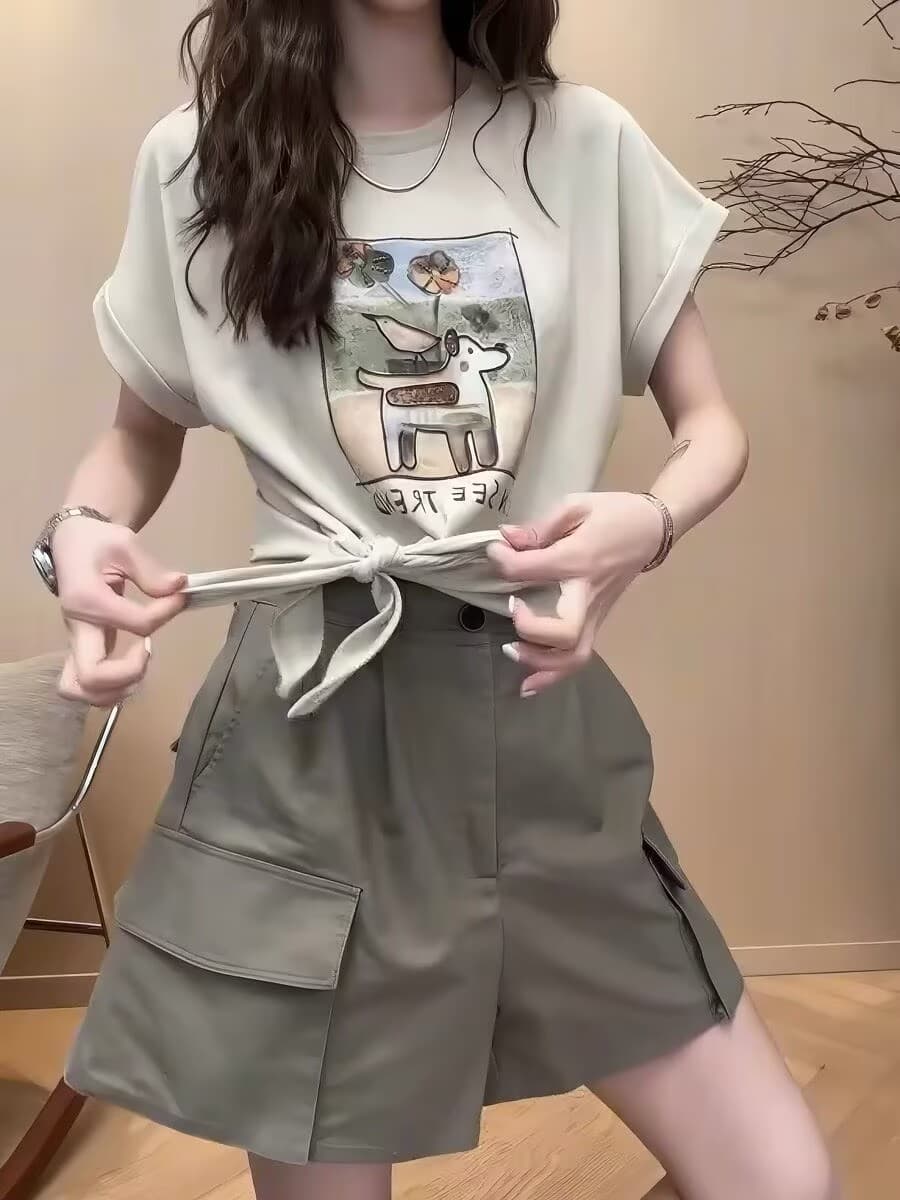 한 부서 프린트 레이스업 반팔 맨위 워크웨어 반바지 두 조각 여성 세트 2026 여름 새로운 패션 슬림해 보이는 세트 이미지 2