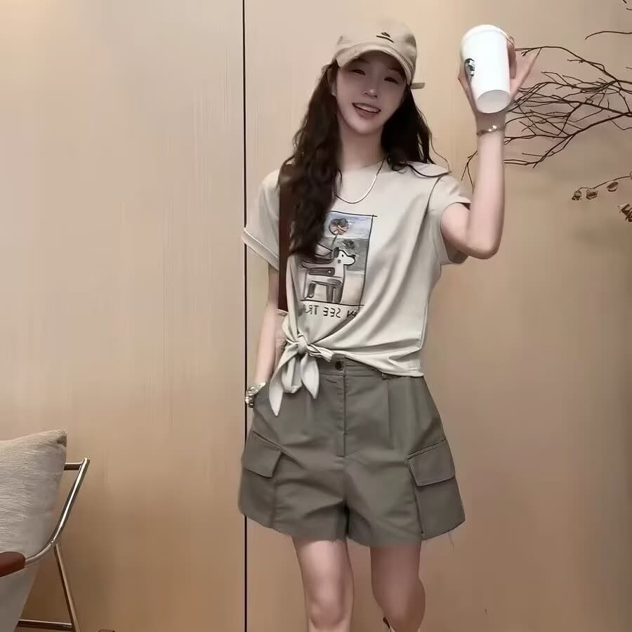 한 부서 프린트 레이스업 반팔 맨위 워크웨어 반바지 두 조각 여성 세트 2026 여름 새로운 패션 슬림해 보이는 세트 이미지 6