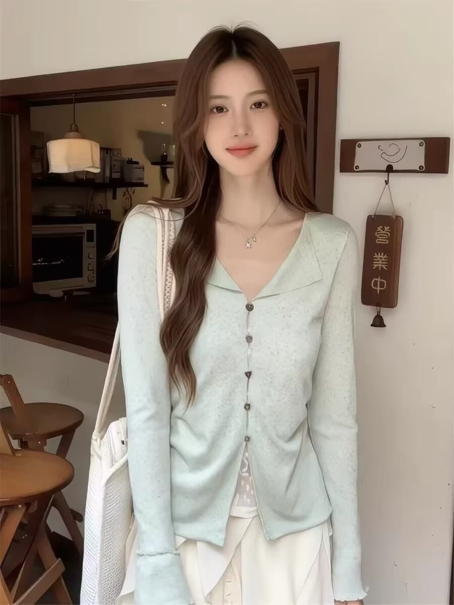 한 부서 녹색 레이스 측면 페이크 레이어드 폴로 칼라 맨위 여성 2026 봄 새로운 긴팔 작은 셔츠 디자인 센스 작은 대중 상세 이미지 3