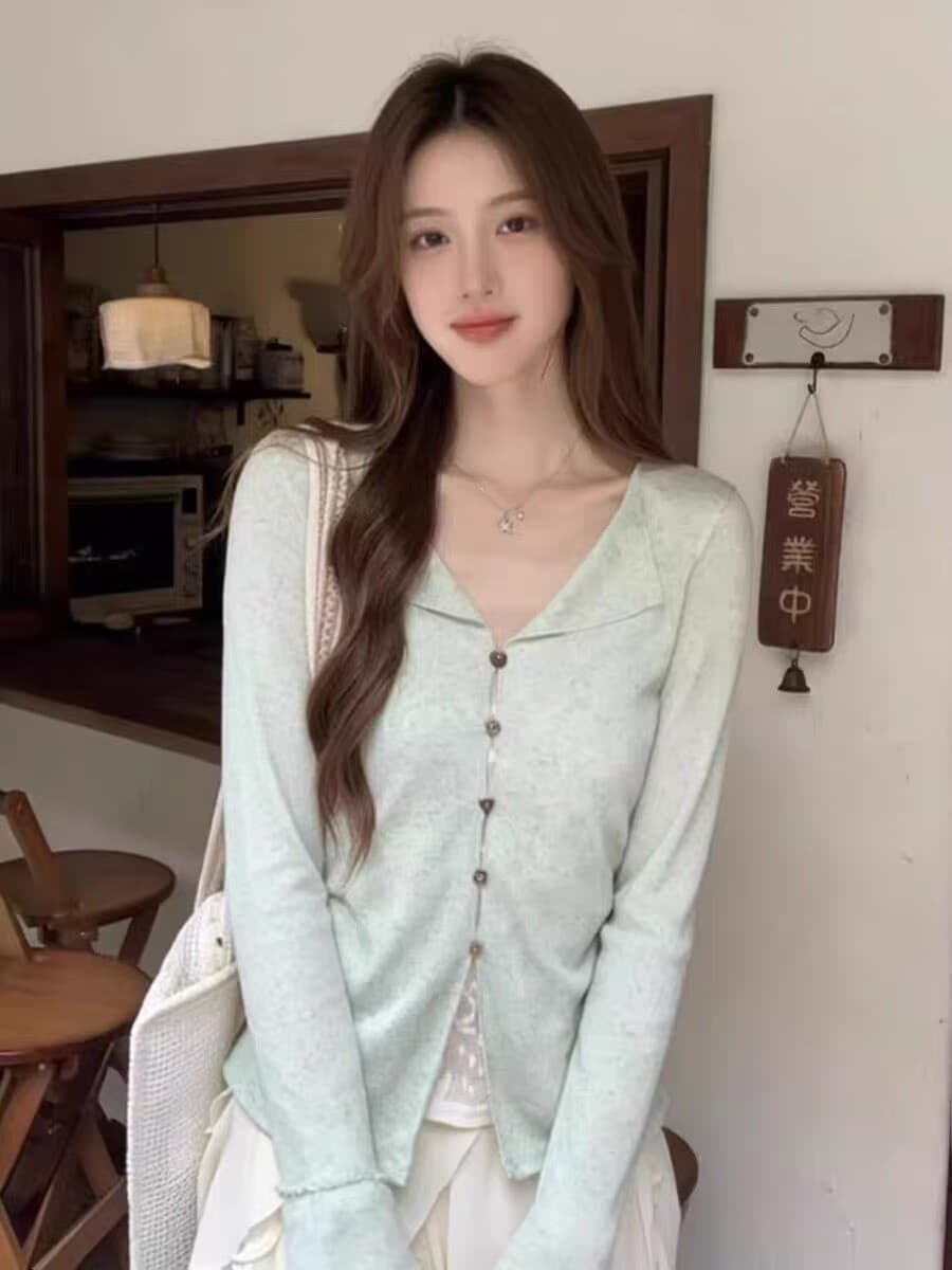 한 부서 녹색 레이스 측면 페이크 레이어드 폴로 칼라 맨위 여성 2026 봄 새로운 긴팔 작은 셔츠 디자인 센스 작은 대중 상세 이미지 5