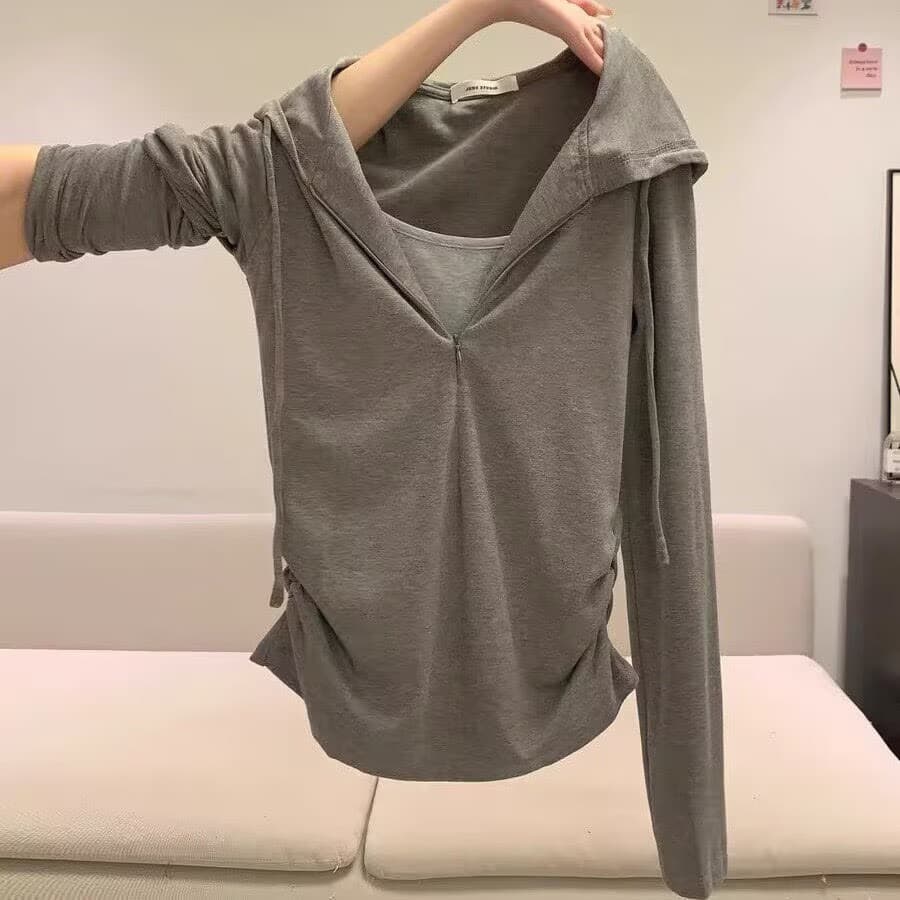 한국 miu 부서 페이크 레이어드 후드 긴팔 티셔츠 여성 조기 가을 디자인 센스 하프 지퍼 몸매 가꾸기 기본 셔츠 맨위 이미지 3