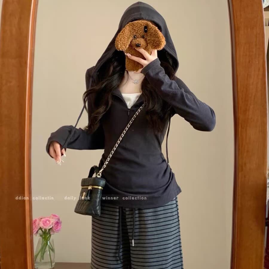 한국 miu 부서 페이크 레이어드 후드 긴팔 티셔츠 여성 조기 가을 디자인 센스 하프 지퍼 몸매 가꾸기 기본 셔츠 맨위 이미지 6
