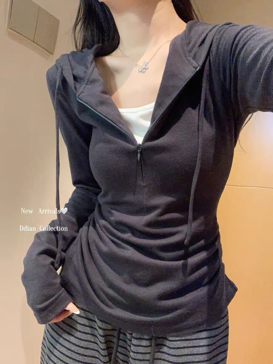 한국 miu 부서 페이크 레이어드 후드 긴팔 티셔츠 여성 조기 가을 디자인 센스 하프 지퍼 몸매 가꾸기 기본 셔츠 맨위 상세 이미지 5