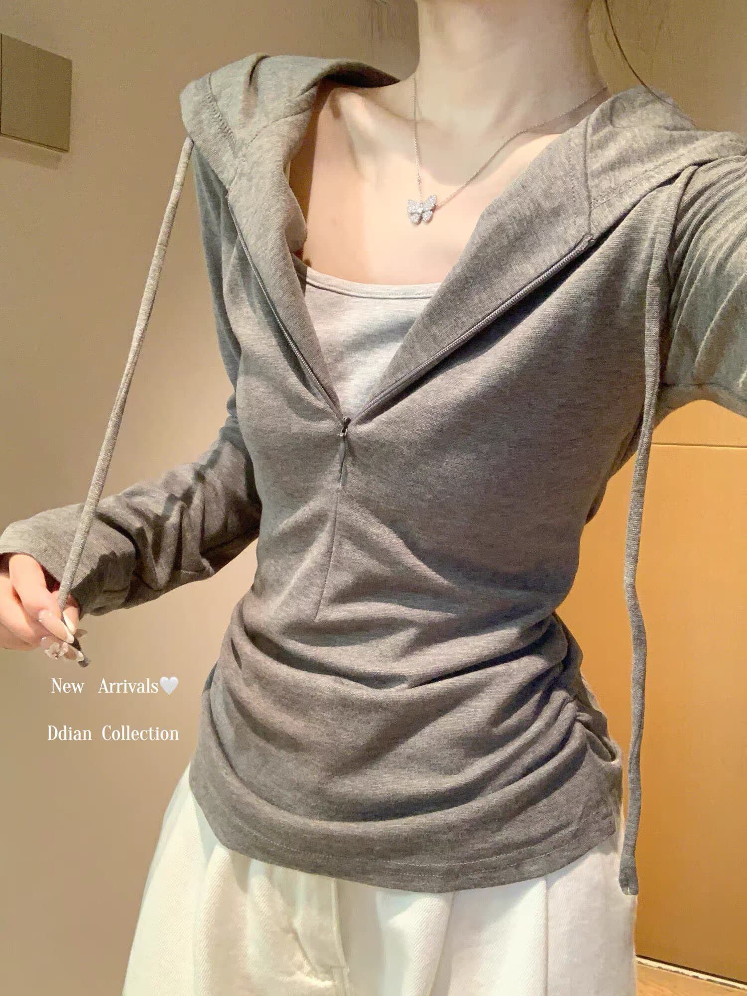 한국 miu 부서 페이크 레이어드 후드 긴팔 티셔츠 여성 조기 가을 디자인 센스 하프 지퍼 몸매 가꾸기 기본 셔츠 맨위 상세 이미지 7
